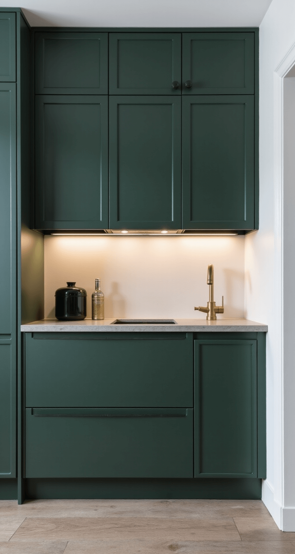 A modern kitchen featuring dramatic forest green cabinets, white walls, concrete countertops, and mixed metal finishes, shot straight-on to highlight its symmetry and vertical lines.