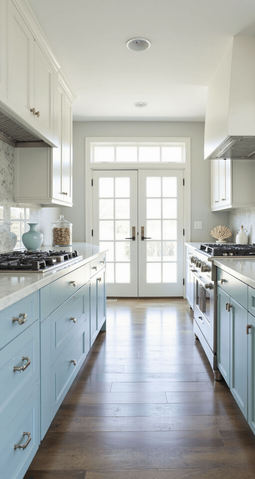 Light-filled kitchen with sky blue lower cabinets and white upper cabinets, featuring a marble backsplash, chrome and nickel finishes, and coastal-inspired accessories, captured at a slight elevation to highlight the cabinet color transition.