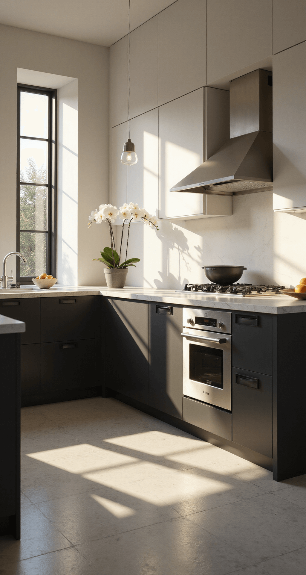 A modern minimalist kitchen with floor-to-ceiling windows, featuring matte black lower cabinets, glossy white upper cabinets, and a waterfall Carrara marble island, illuminated by warm golden hour light, with long shadows and a single white orchid as decoration.