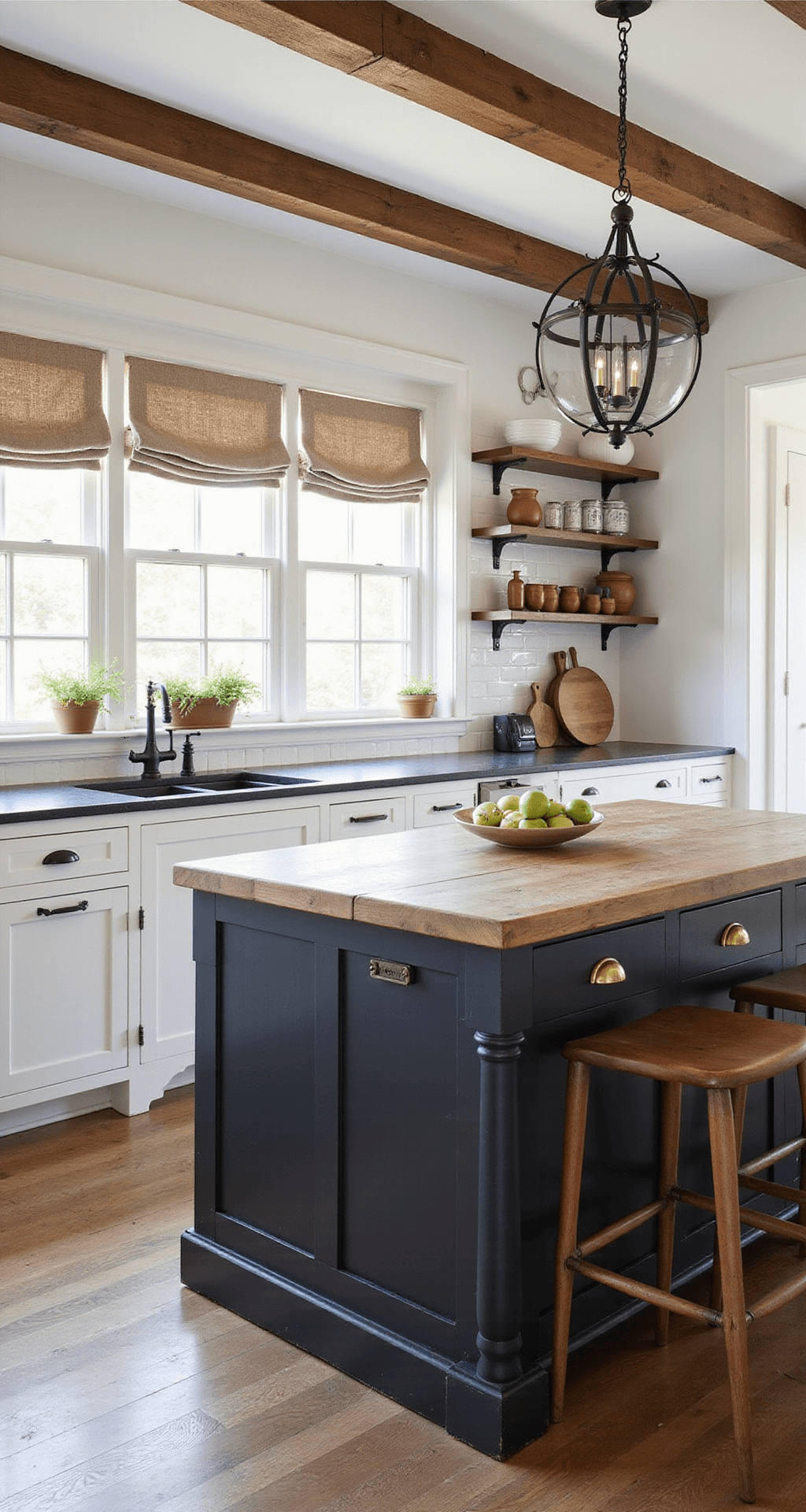 A farmhouse-style kitchen with exposed wooden beams, bright white shaker cabinets, and a black-painted island featuring a reclaimed oak top, styled with vintage brass hardware and artisanal pottery on open shelves, bathed in natural light from cafe curtains.