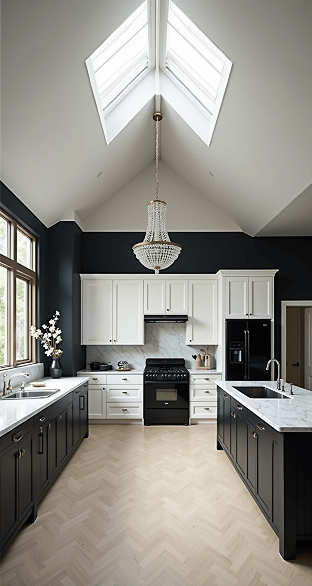 Contemporary black and white kitchen with vaulted ceiling and skylight, featuring white upper cabinets, black accent wall, integrated black appliances, and a large marble island, shot through a doorway with soft natural light casting gentle shadows and a crystal chandelier adding elegance, styled minimally with white flowers and black ceramics.