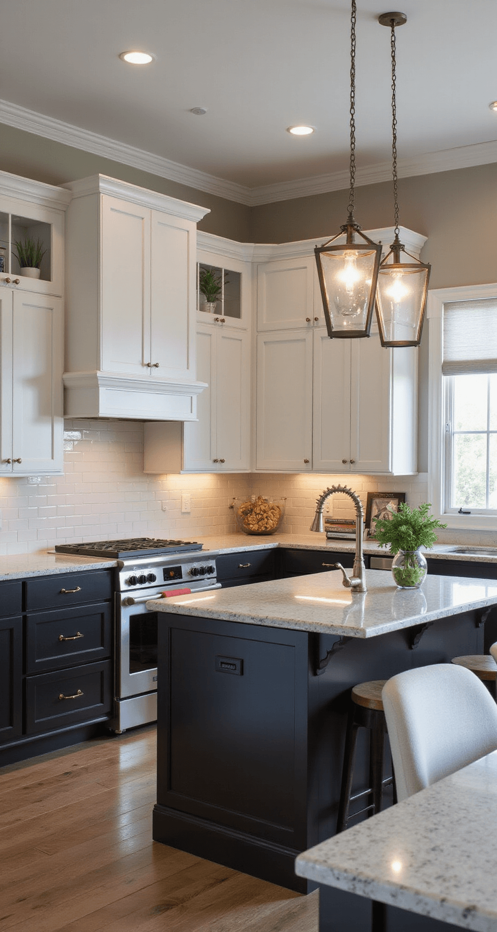 Transitional kitchen with a twilight ambiance featuring 9' ceilings, crown molding, two-tone white and black cabinets, brass faucet, nickel pulls, and quartz countertops. The image captures depth from a corner view, highlighting warm undercabinet lighting, pendant lights, and styled decor with cookbooks and potted herbs.