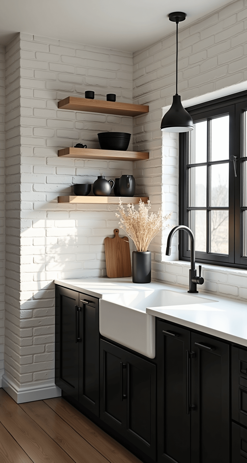A Scandinavian-inspired kitchen featuring white painted brick walls, black-framed windows, black lower cabinets, and white upper cabinets. Pale wood open shelving adorns the walls, illuminated by afternoon light that creates dramatic shadows. Simple matte black pendant lights hang overhead, and the space is styled with minimal ceramics and dried botanicals, showcasing geometric harmony.