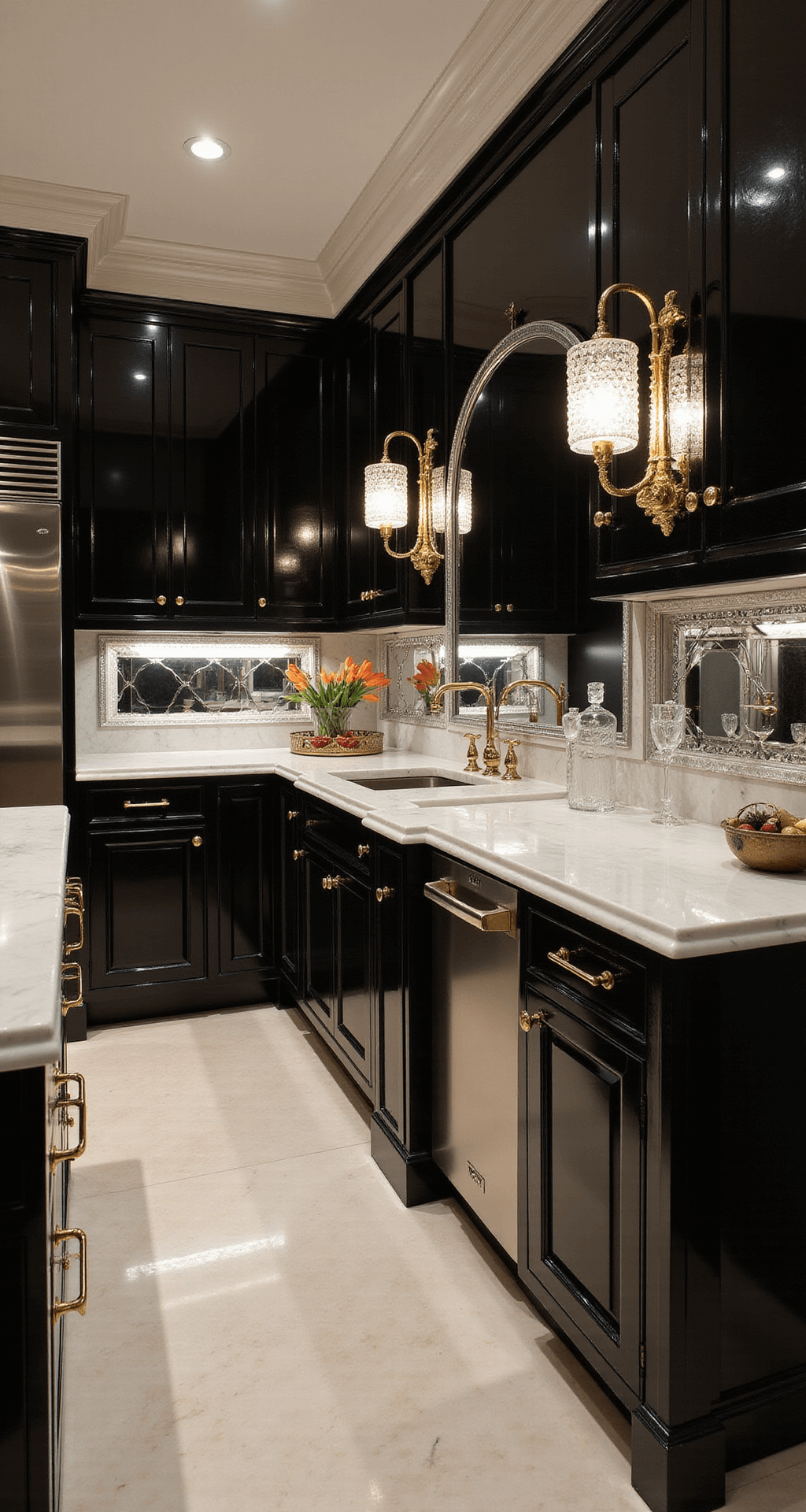 Art Deco kitchen featuring high-gloss black cabinets, white marble countertops, and gold hardware, illuminated by dramatic uplighting and crystal sconces, with vintage barware and geometric decor, shot from a low angle.