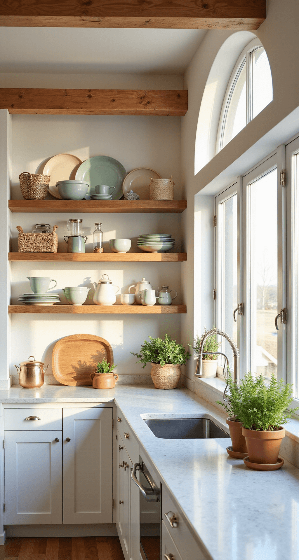 A modern kitchen with open shelving, featuring three floating white oak shelves styled with matte ceramic dinnerware, under 12-foot ceilings with exposed wooden beams. Afternoon sunlight streams through large windows, illuminating marble countertops and a collection of copper cookware. The scene includes natural materials like woven baskets, linen textiles, and terracotta pots with fresh herbs, captured in shallow depth of field.