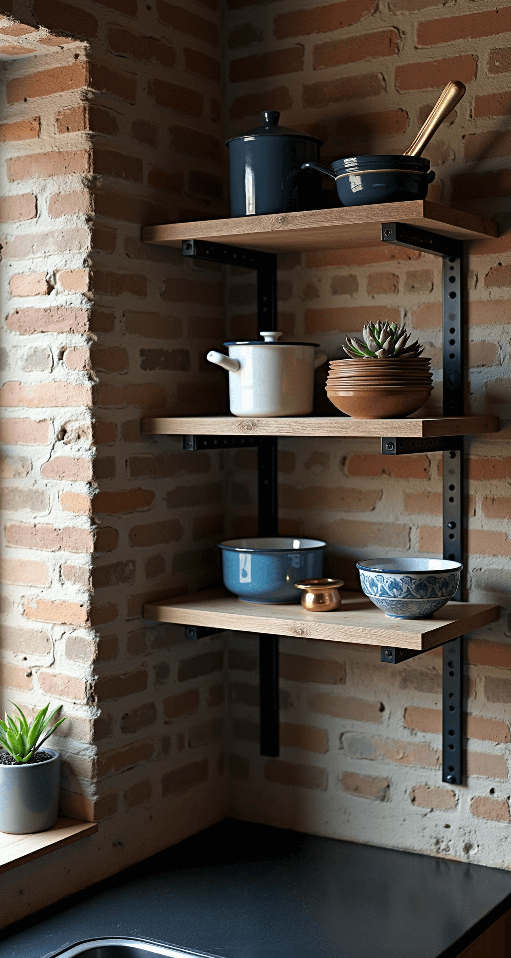 Corner kitchen vignette featuring reclaimed wood shelves with black metal brackets against exposed brick walls, accented by vintage navy and white enamelware, earthy-toned ceramic bowls, brass utensils, and small potted succulents, all bathed in soft, diffused mid-morning light.