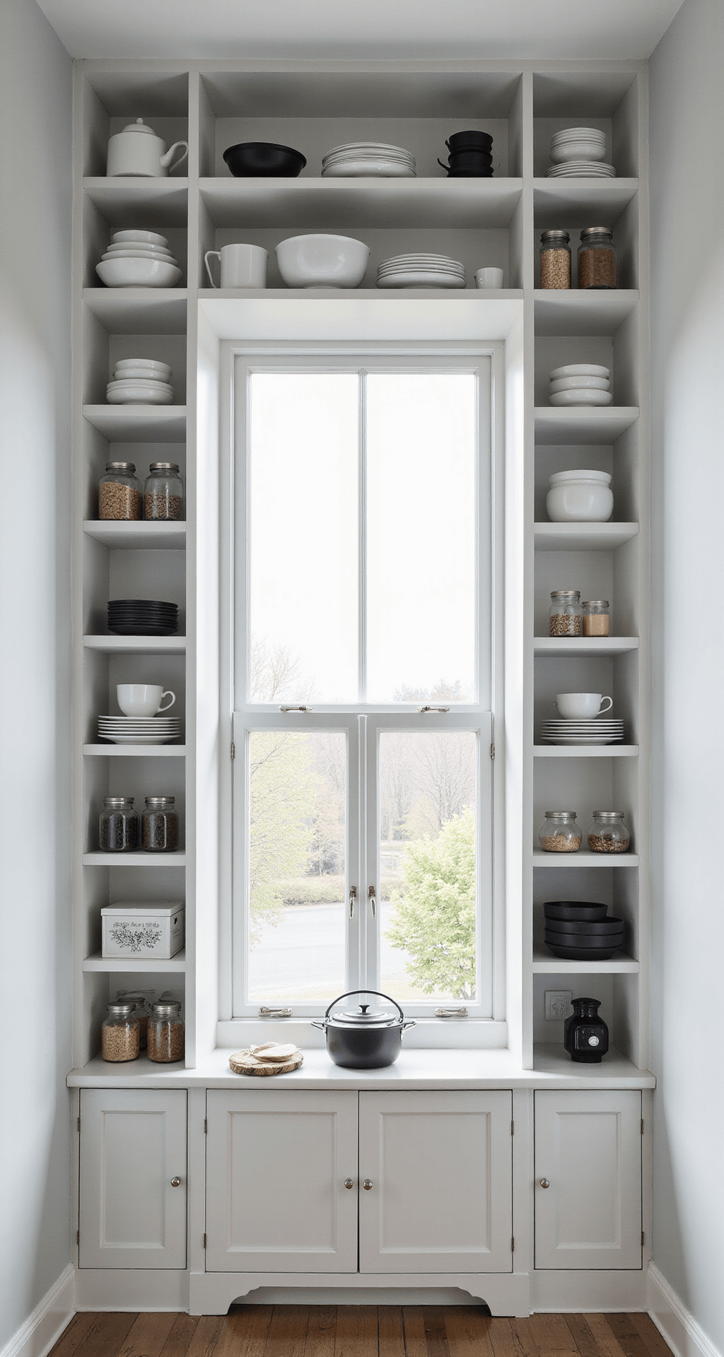 Minimalist Scandinavian-inspired open shelving with white porcelain dishes and pantry staples in clear glass containers, framed by floor-to-ceiling white shelves and a large window, illuminated by soft dawn light with matte black accents.