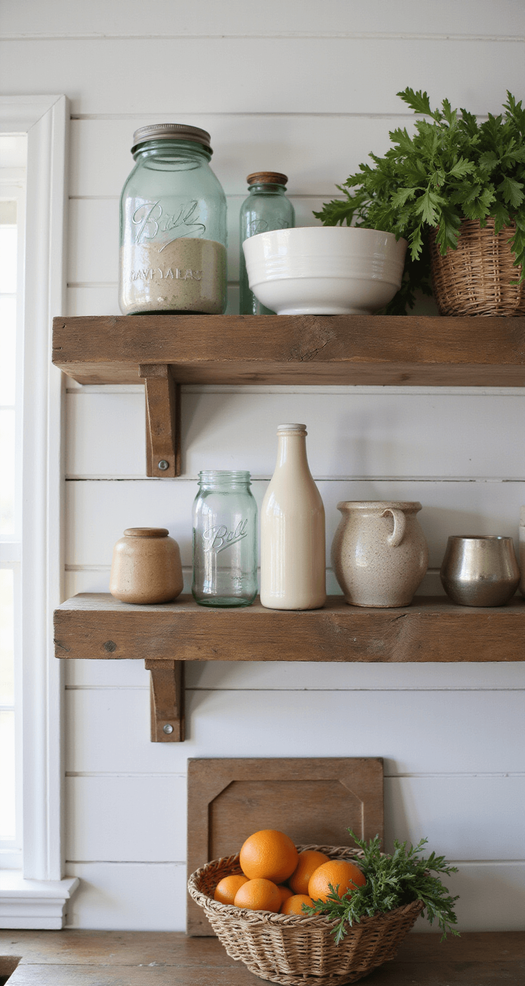 Overhead view of a rustic farmhouse kitchen showcasing a weathered wooden floating shelf against shiplap walls, adorned with vintage mason jars, antique milk bottles, and cream-colored stoneware, complemented by natural woven baskets of fresh produce, all bathed in soft midday light that highlights the textures and warm color palette.