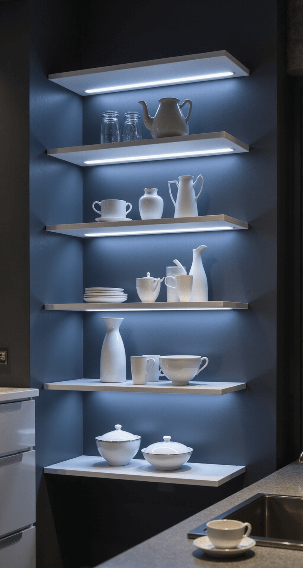 Contemporary kitchen corner with sleek white floating shelves illuminated by hidden LED strips, featuring a monochromatic arrangement of modern white ceramics against dark charcoal walls, reflecting polished chrome and glass accents, captured from a low angle to emphasize geometric architectural elements.