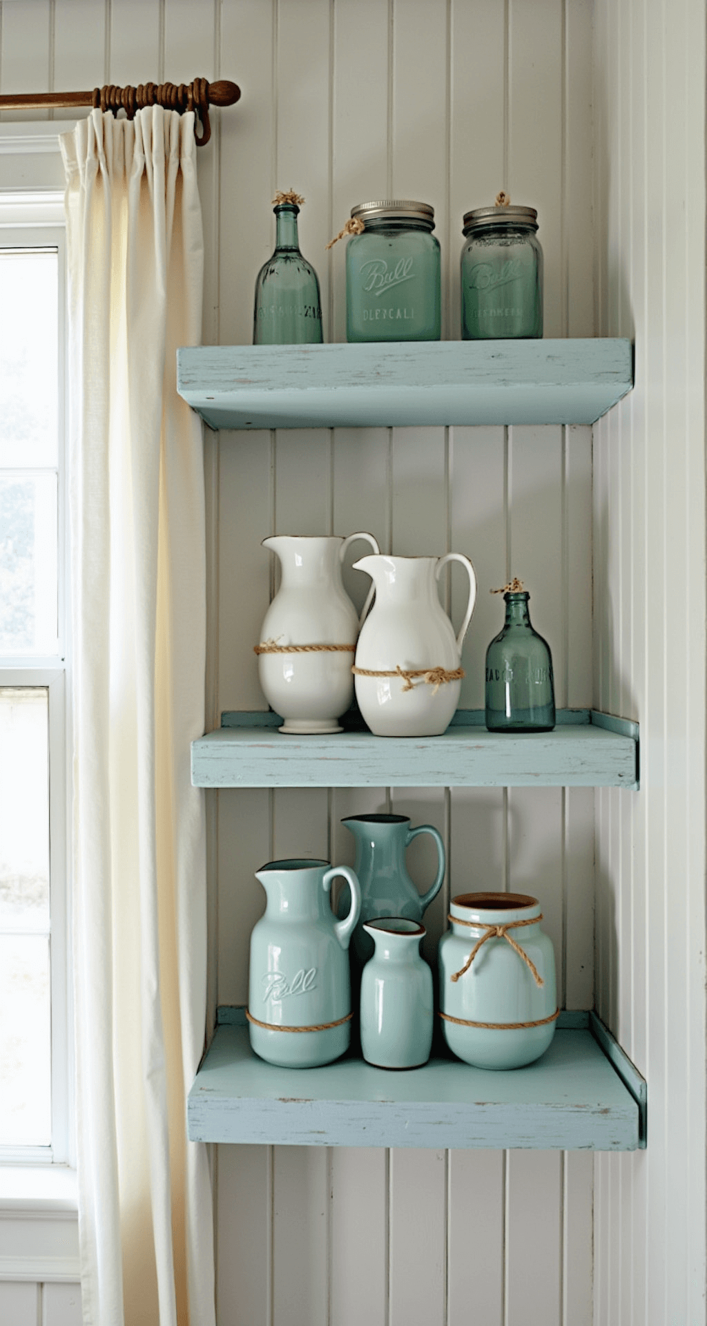A coastal-inspired open shelving unit featuring pale blue-painted wooden shelves against white beadboard walls, adorned with sea glass-colored mason jars, white ironstone pitchers, and rope-wrapped vessels, illuminated by afternoon light filtering through sheer linen curtains.