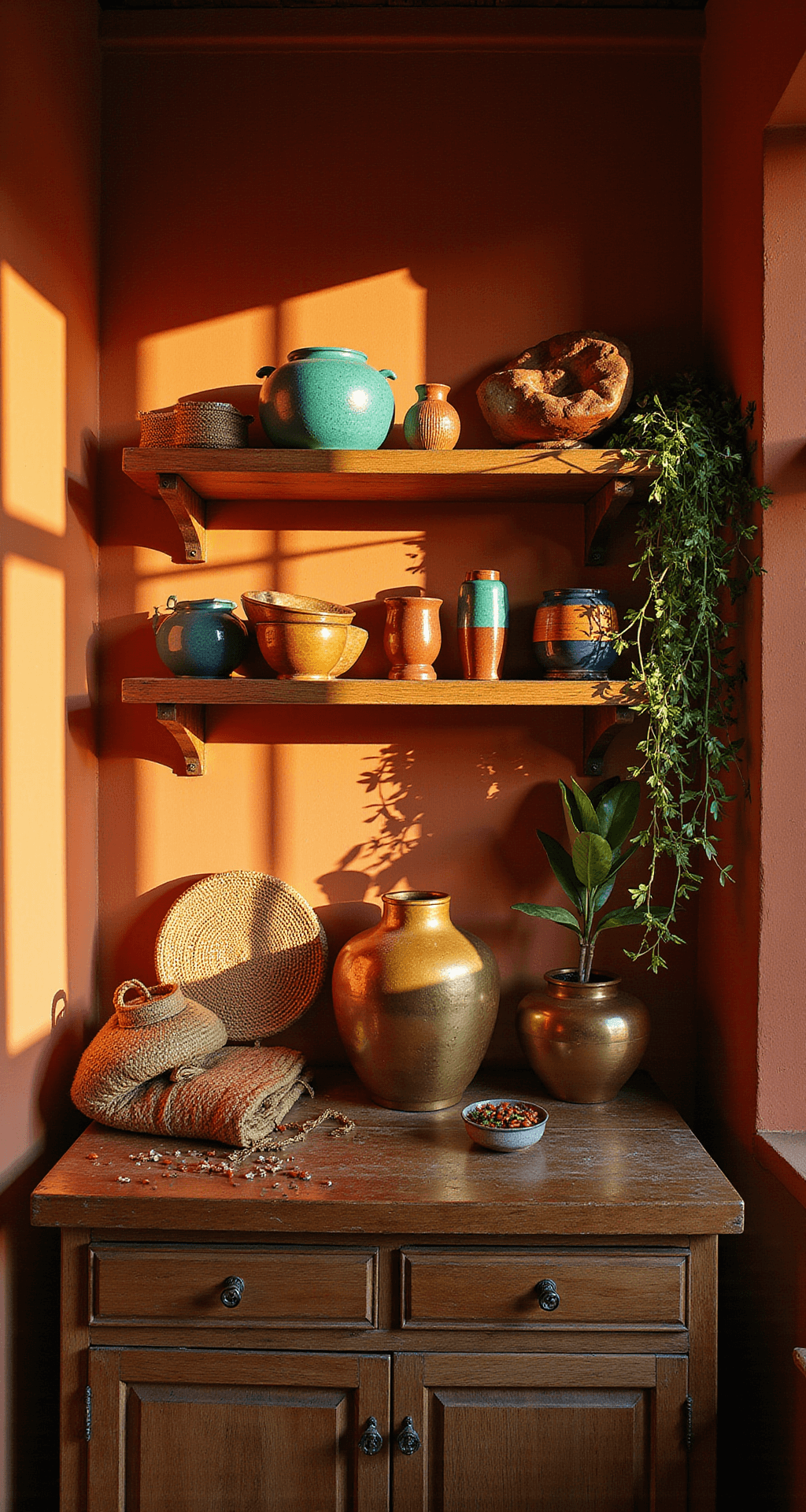 Bohemian kitchen vignette with terracotta walls, rich wooden shelves displaying jewel-toned ceramics, hammered brass vessels, trailing plants, textured baskets, and hand-woven textiles, captured during golden hour with dramatic side lighting and deep shadows.