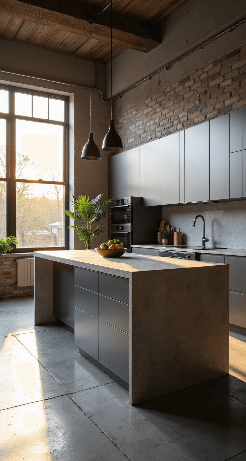 Sun-drenched modern urban loft kitchen with brushed aluminum cabinets, a waterfall quartz island, matte black appliances, and minimalist pendant lights, captured from a 45-degree angle to showcase depth and natural light interactions.