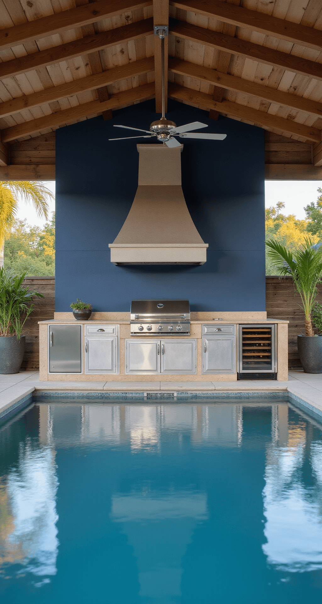 Expansive covered outdoor kitchen by the pool, featuring weathered silver aluminum cabinets with a navy blue accent wall, sandy beige stone countertops, stainless steel appliances, and chrome fixtures, all framed by tropical plants, capturing reflections in the pool surface in warm afternoon light.