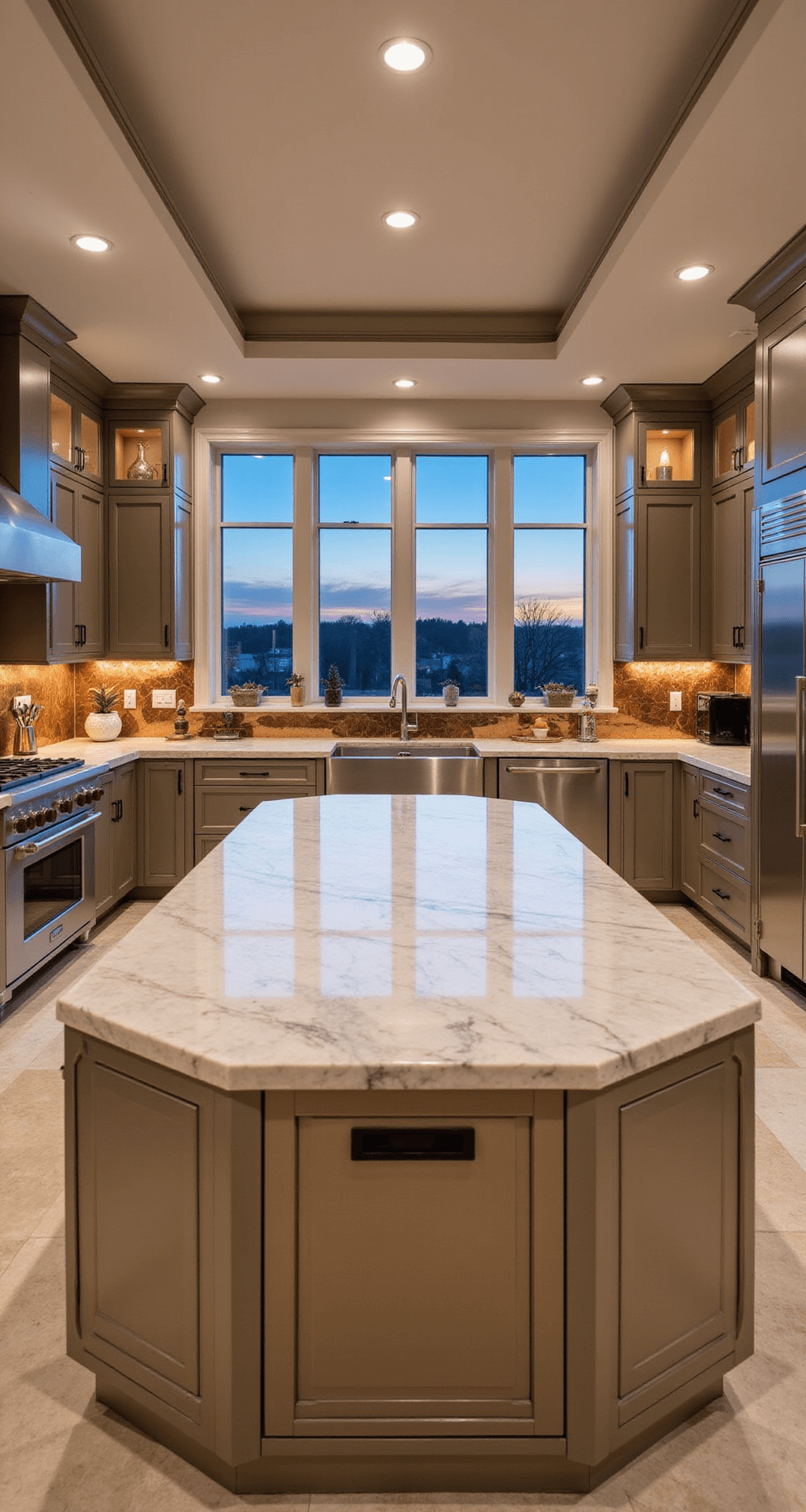 Aerial view of a spacious contemporary kitchen featuring champagne-colored aluminum cabinets, backlit white onyx countertops, and a bronze mirror backsplash, all illuminated by warm LED lighting in a sophisticated evening ambiance.