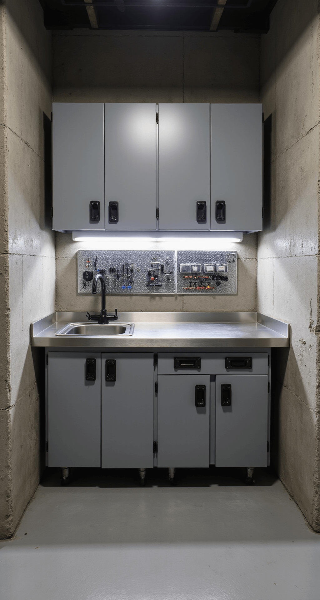 Compact industrial utility room featuring exposed concrete walls, tactical gray aluminum cabinets, a stainless steel countertop with an integrated sink, and wall-mounted organization systems, all illuminated by dramatic LED strip lighting that highlights the durable, professional atmosphere.