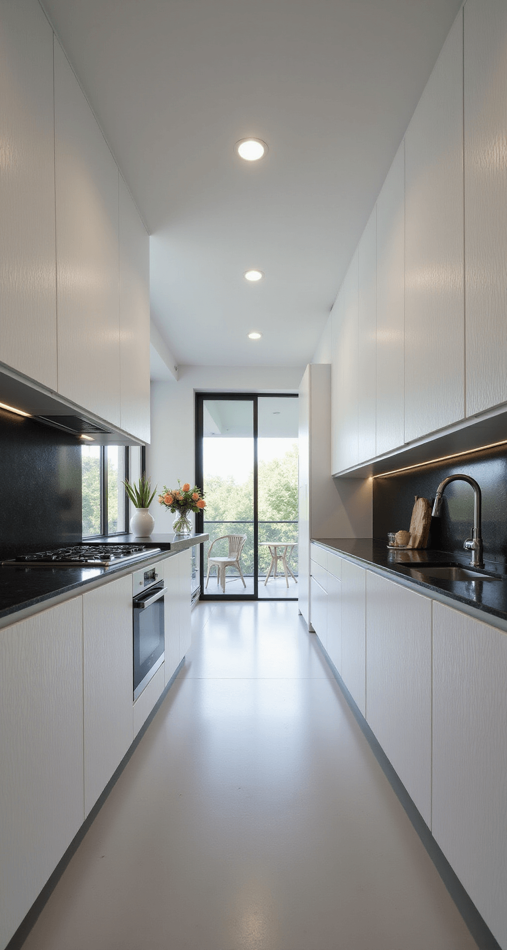 A modern minimalist galley kitchen featuring white aluminum cabinets with vertical grain, black granite countertops, and hidden LED lighting, captured in a linear perspective with diffused daylight accentuating the clean lines and high-tech elements.