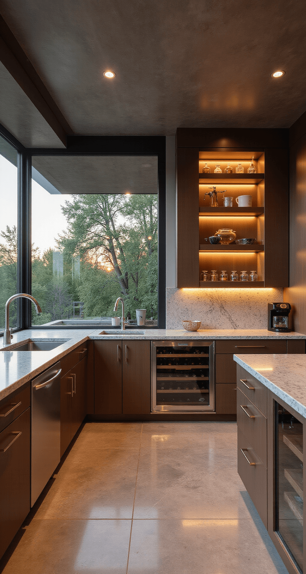 Luxury indoor-outdoor kitchen featuring an L-shaped layout with retractable glass walls, brushed bronze aluminum cabinets, warm gray honed marble countertops, integrated wine storage with amber lighting, and floating shelves, all illuminated by golden hour light and ambient LEDs.