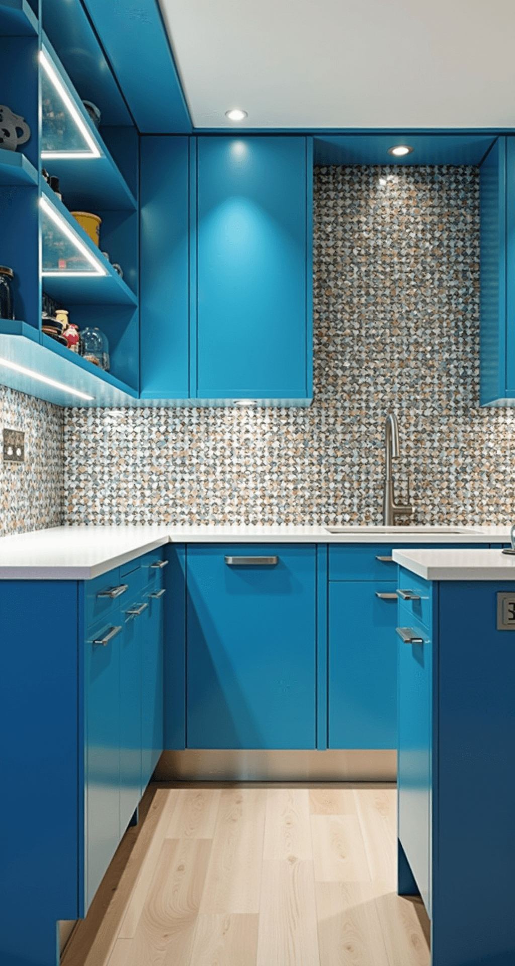 Contemporary kitchen featuring electric blue aluminum cabinets, chrome accents, white quartz countertops, and a metallic mosaic backsplash; enhanced by dramatic soffit lighting and suspended glass shelving in a bold, artistic atmosphere.