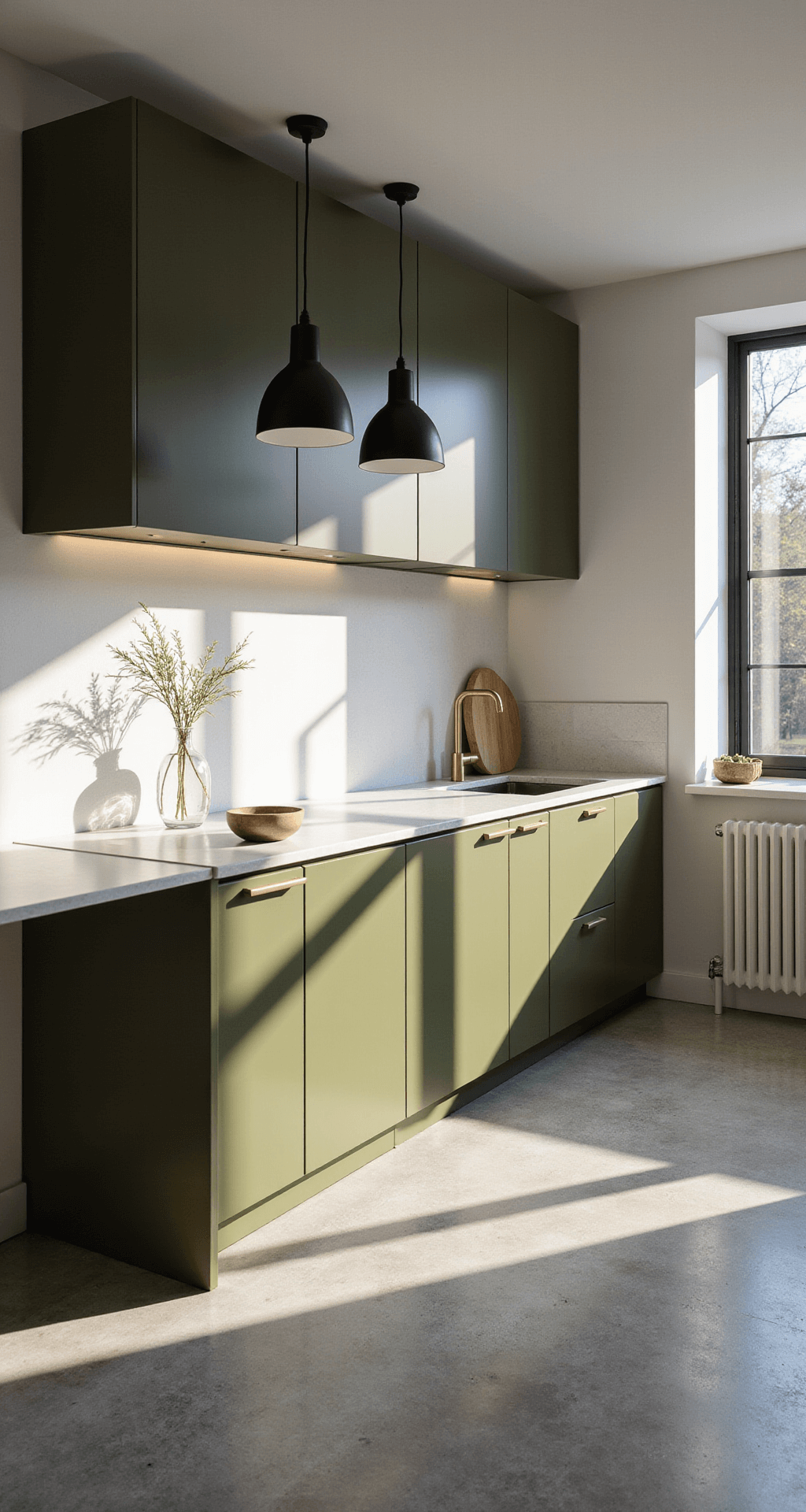 Modern minimalist kitchen with olive green cabinets, white quartz countertops, and polished concrete floors, illuminated by early morning sunlight through floor-to-ceiling windows, featuring pendant lights and organic olive branches in vases.