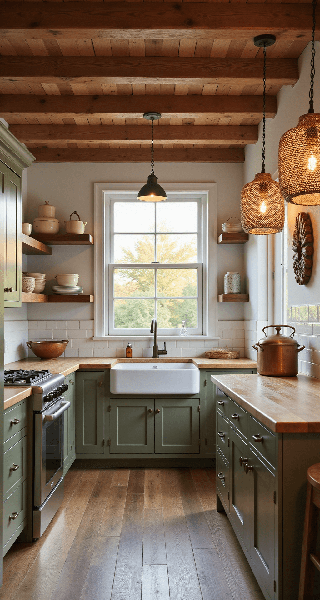 Cozy farmhouse kitchen with olive green shaker cabinets, butcher block countertops, and vintage-style windows, illuminated by golden hour light.