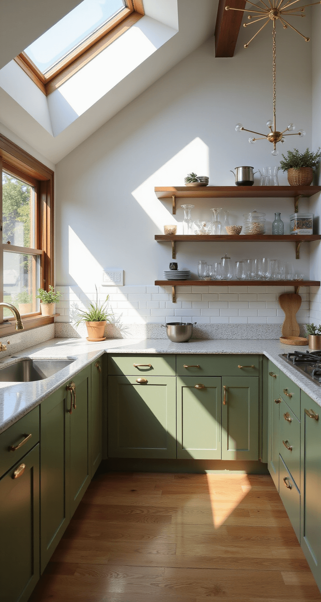 Mid-century modern kitchen with slanted ceiling, featuring olive green slab-front cabinets, terrazzo countertops, walnut floating shelves with vintage glassware, and a Sputnik chandelier, illuminated by afternoon light creating geometric shadows through clerestory windows.