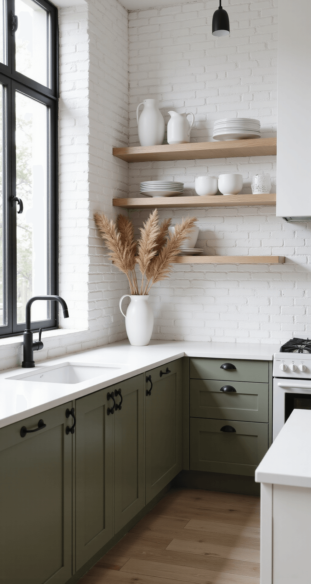 A Scandinavian kitchen featuring olive green lower cabinets, white upper cabinets, and pale ash wood open shelving. The space is illuminated by diffused northern light, highlighting white painted brick walls, minimal black hardware, and pendant lights. Dried pampas grass in white ceramic vessels adds a serene touch. The high angle shot captures the clean lines and calm atmosphere.