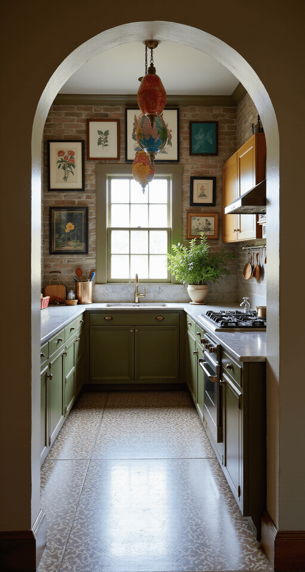 Eclectic kitchen with arched doorway, featuring olive green cabinets, marble countertops with dramatic veining, colorful Moroccan pendant lights, a gallery wall of botanical prints, and brass and copper cookware, illuminated by late morning light on patterned cement tile floor.