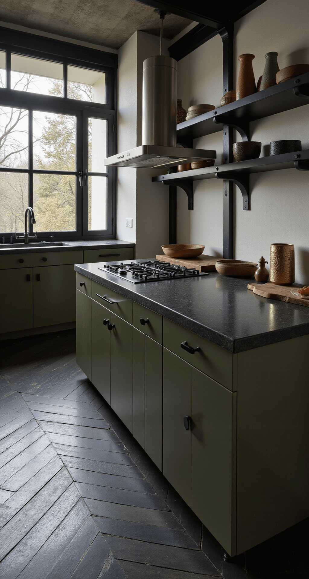 A contemporary kitchen featuring olive green cabinets, dark soapstone countertops, and black steel-framed windows, illuminated by stormy afternoon light. The space has a dramatic ambiance with dark herringbone flooring and sleek floating black metal shelves adorned with minimalist pottery. A brushed steel cylindrical range hood complements the geometric layout, captured from above the island.