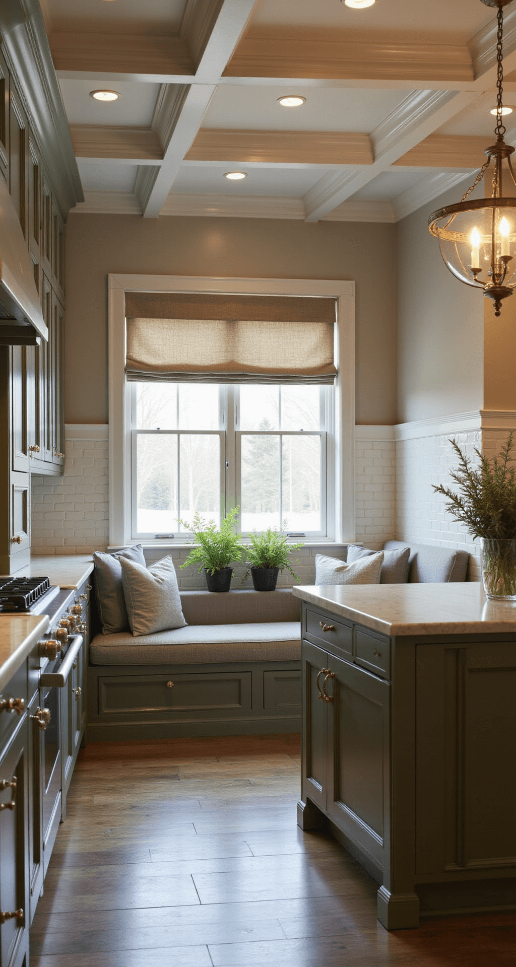 A cozy transitional kitchen measuring 14x14ft, featuring olive green cabinets with crystal knobs, Carrara marble countertops, and a subway tile backsplash. The space is illuminated by warm artificial lighting and soft twilight glow through Roman shades. A comfortable upholstered breakfast nook is highlighted by a brass chandelier, and potted herbs adorn the windowsill, creating an elegant and inviting atmosphere.