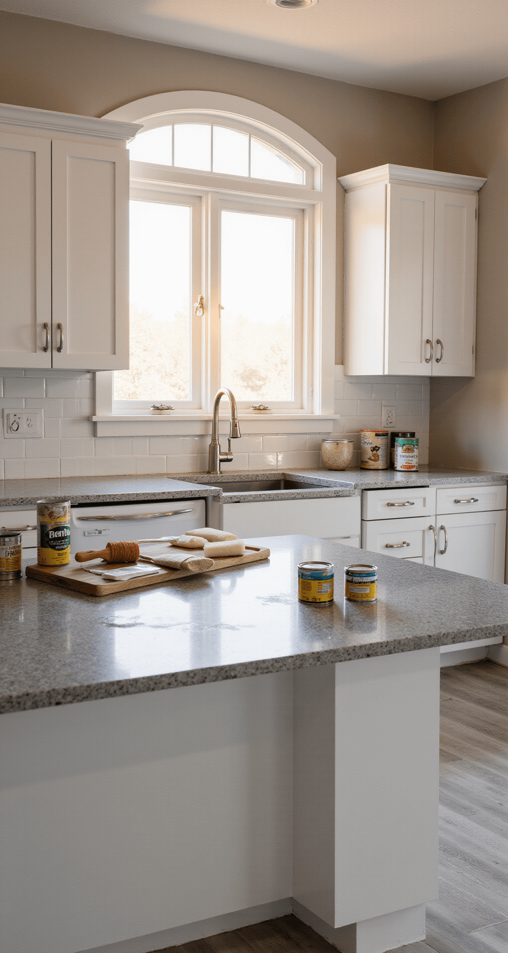 Bright modern kitchen with white Shaker cabinets and gray quartz countertops, featuring natural light streaming through a large west-facing window, casting warm highlights on organized painting supplies arranged on the island.