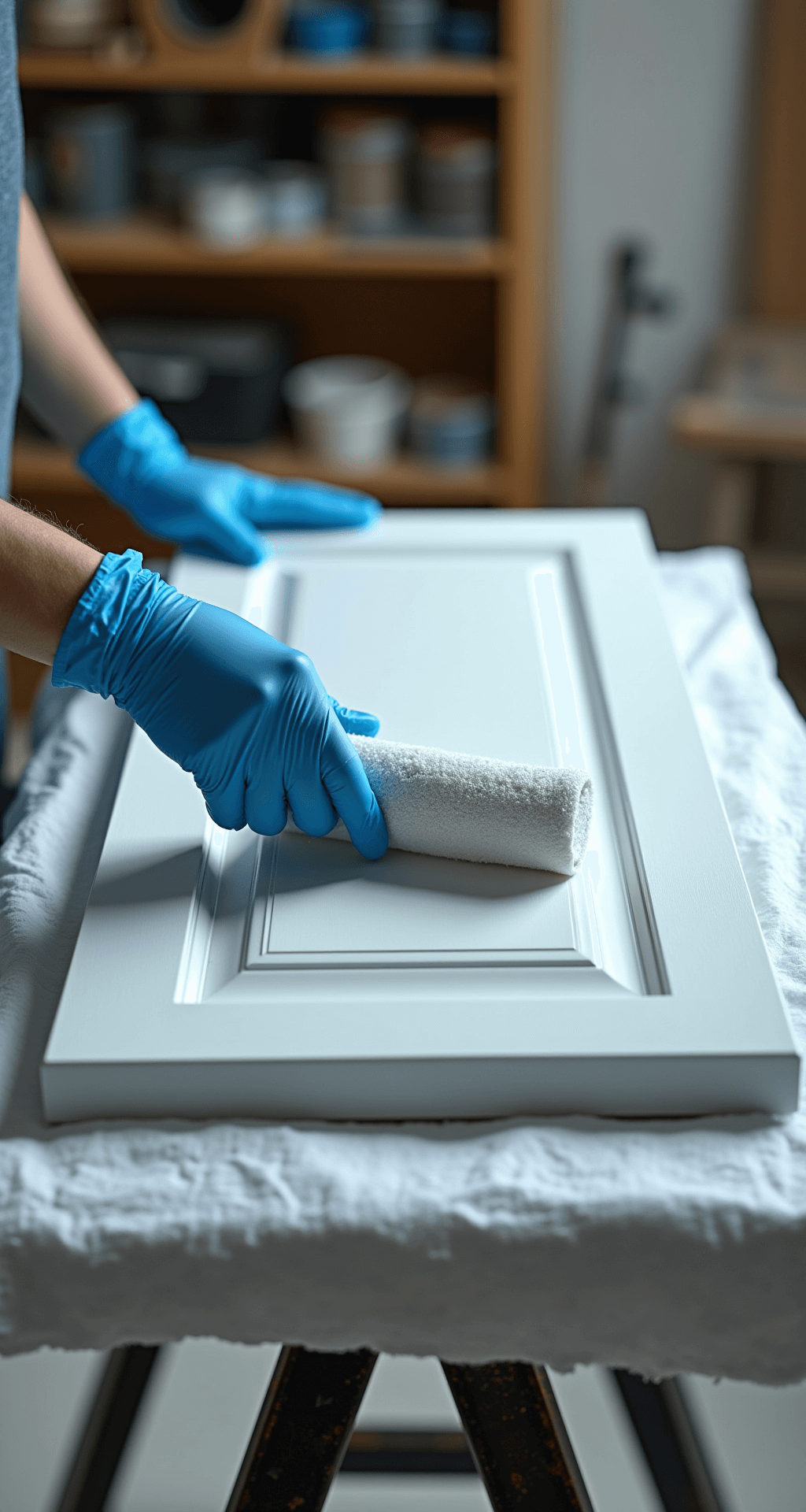 Close-up of hands in blue nitrile gloves applying primer to a cabinet door on sawhorses, with soft box lighting and a white drop cloth below; macro lens highlights texture of foam roller and organized tools in a cool-toned workshop.