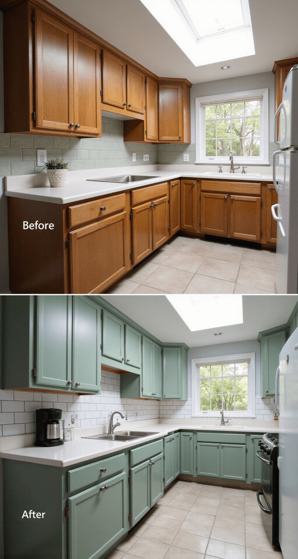 A split image showcasing a kitchen cabinet transformation: the left side features dated oak cabinets, while the right side displays modern sage green-painted cabinets, illuminated by morning light from a skylight in a 12' galley kitchen with a subway tile backsplash. The scene is captured at eye level with a wide-angle lens, highlighting minimal countertop staging with white ceramics and enhancing the transformation through high contrast processing.