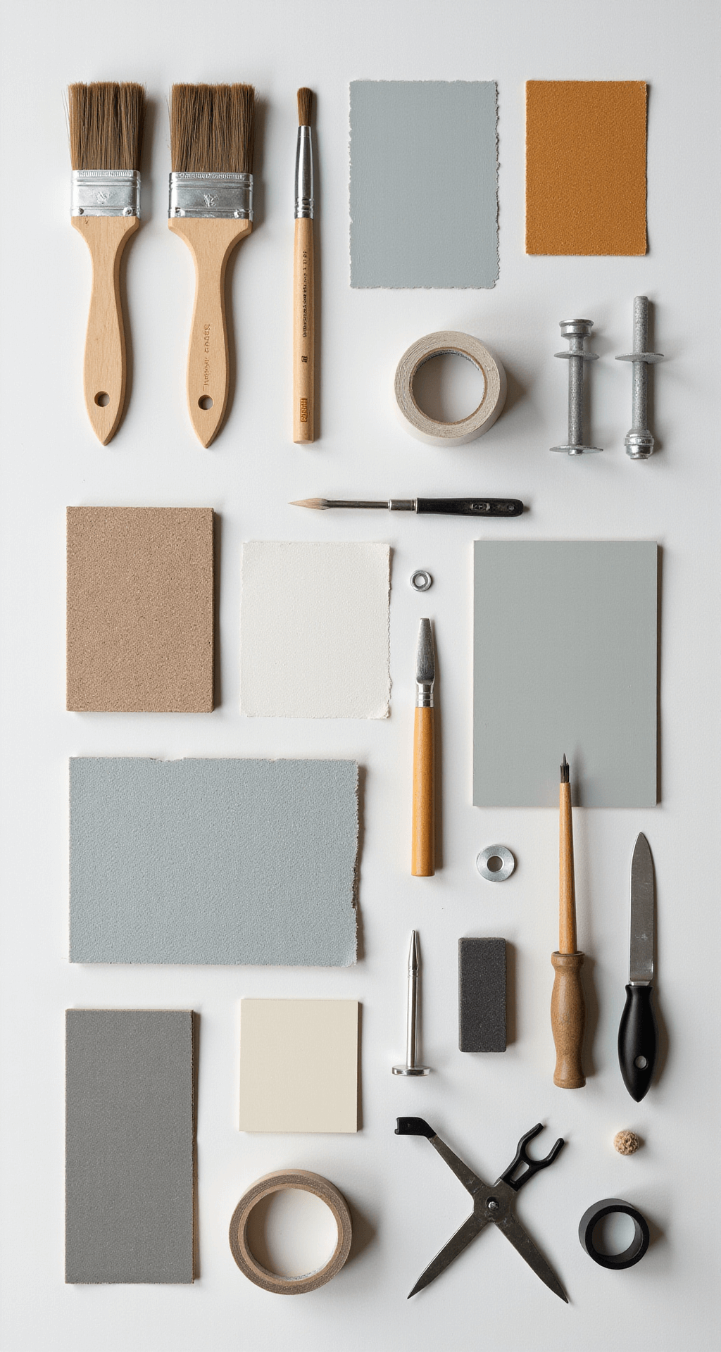 Overhead flat lay of a complete cabinet painting toolkit on a white backdrop, featuring premium brushes, sandpaper, primer, paint samples in cool grays and warm whites, arranged in an organized grid layout with painter's tape, measuring tools, and protective gear, captured with professional lighting for maximum detail.