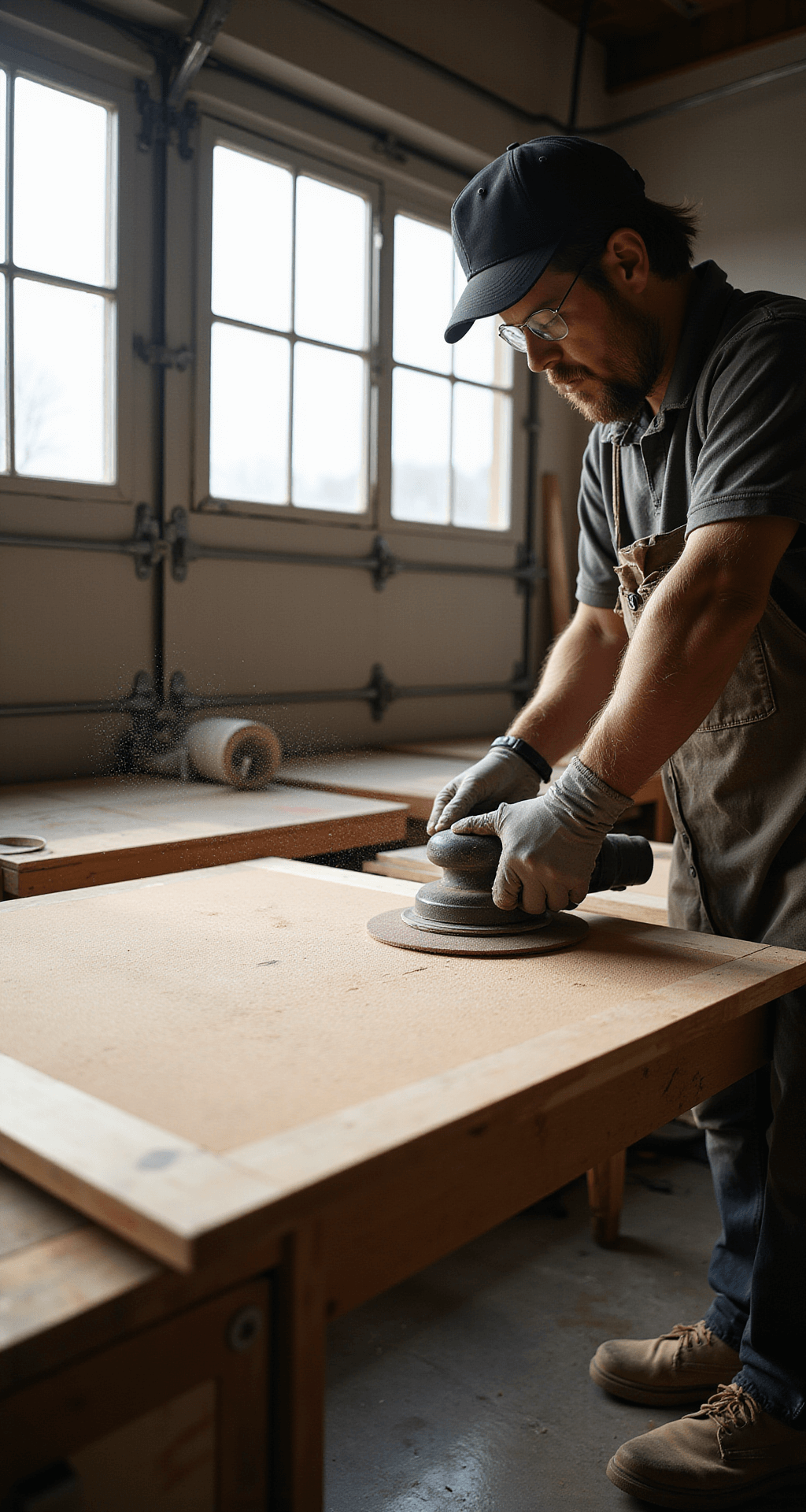 A person in protective gear sands a cabinet door in a sunlit garage workshop, with dust particles illuminated by morning light, focusing on hands and sandpaper texture against a backdrop of raw wood and a cool concrete floor.