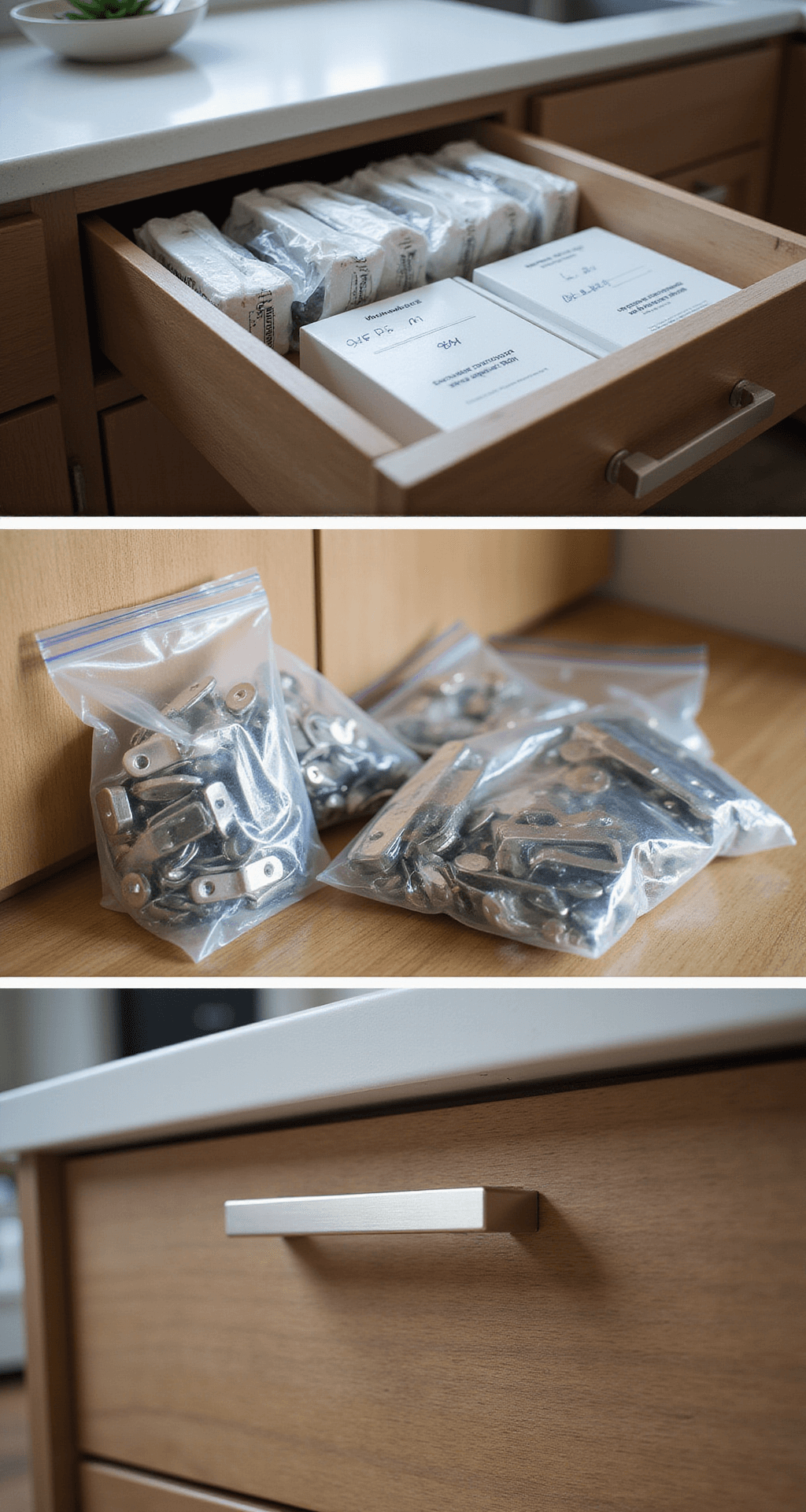 Close-up of organized cabinet hardware removal system featuring labeled bags with sorted hinges and pulls, illuminated by afternoon light and LED panel, showcasing wood grain texture on cabinet edges with cool tones and metallic accents.