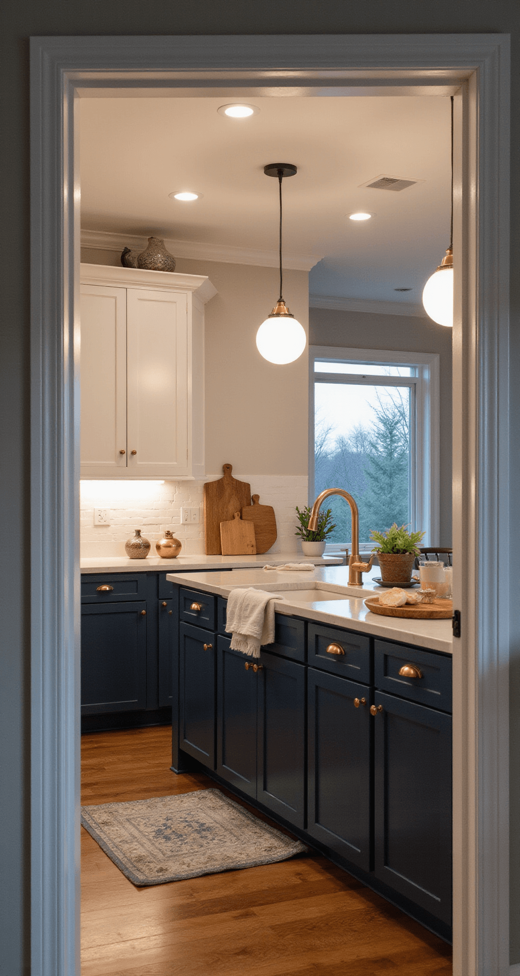 Environmental portrait of a modern kitchen at dusk, showcasing an open concept space with navy lower cabinets and white upper cabinets, illuminated by warm undercabinet LEDs and pendant lights, styled with copper hardware, cutting boards, pottery, and fresh herbs, captured from the doorway with a wide angle lens for full room context.
