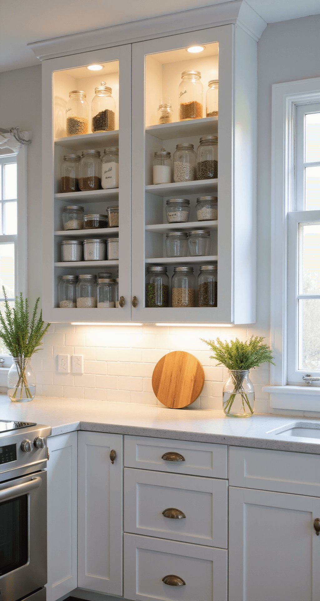 Interior view of a bright, airy modern kitchen featuring white shaker cabinets with glass doors, organized with clear acrylic organizers and labeled mason jars, bathed in morning light from east-facing windows. Warm white LED lights highlight quartz countertops, complemented by pops of sage green from stored herbs.