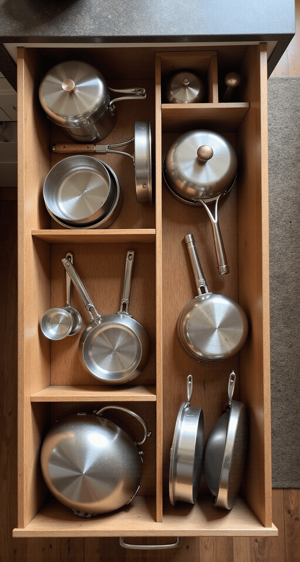 Close-up of a deep drawer system featuring organized bamboo dividers and professional-grade cookware in a rich walnut interior, with aged brass drawer pulls and a soft-close mechanism, illuminated by afternoon natural light.