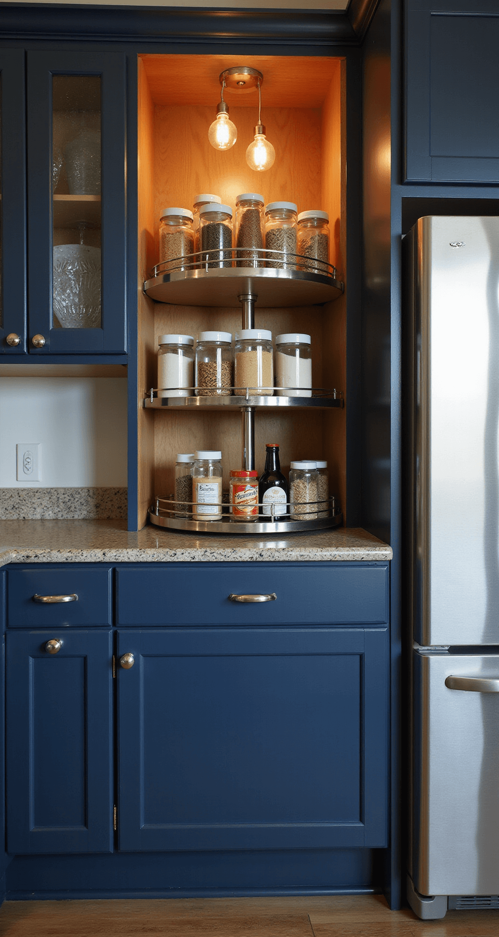 A cozy kitchen corner featuring a transformed lazy Susan cabinet, showcasing a two-tier stainless steel carousel with categorized spice jars and oils in clear containers. The navy blue cabinet contrasts beautifully with the organized interior, illuminated by warm pendant lights in a dusk setting, with subtle reflections from stainless steel appliances.