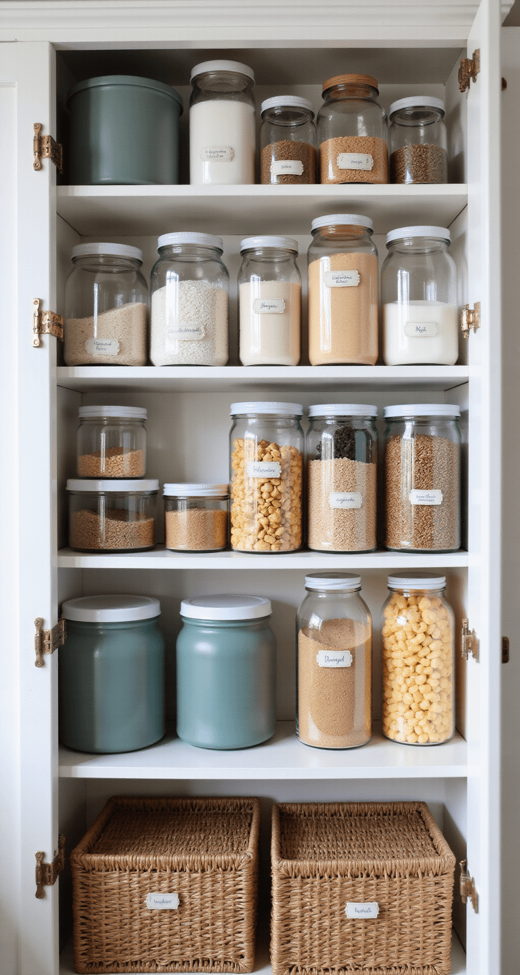 Overhead view of a neatly organized pantry cabinet featuring white melamine shelving with chrome risers, color-coded matte storage containers for baking supplies, woven baskets on lower shelves, and clear labels, all illuminated by natural midday light and soft ambient lighting, with weathered brass hardware accents.