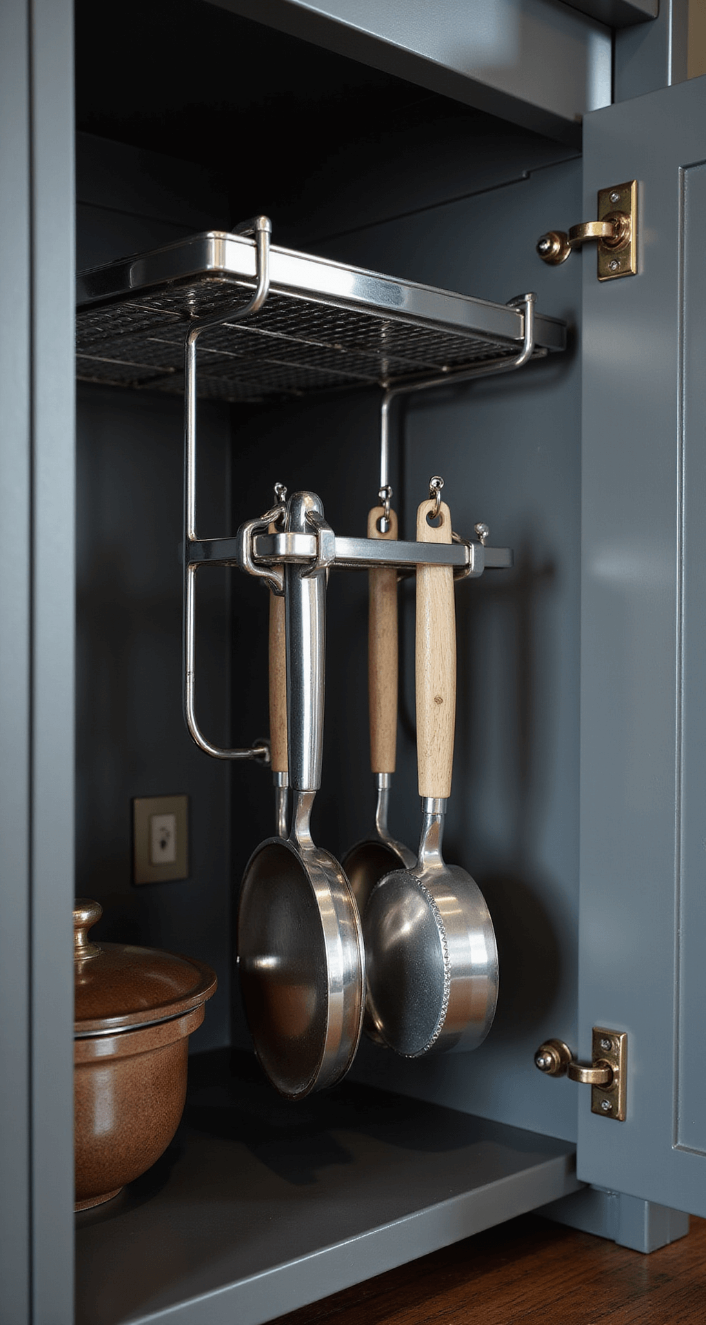 Close-up of a chrome-finished rack mounted inside a dark gray cabinet door, holding cooking utensils and measuring tools. Dramatic side lighting highlights textures while morning light casts shadows across the organized tools, with a shallow depth of field isolating specific elements.