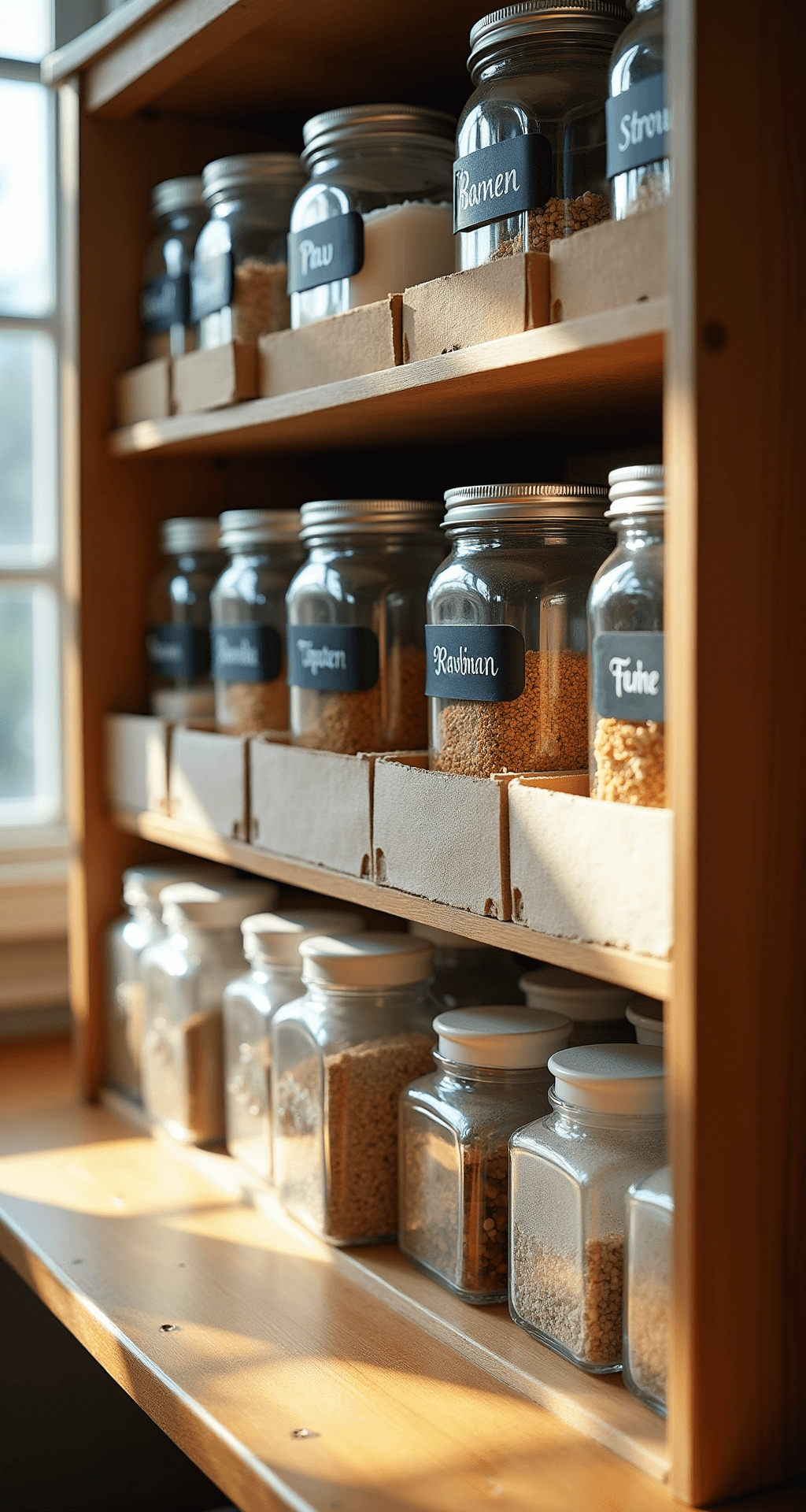 A cozy, eye-level view of a budget-friendly organization system featuring repurposed clear mason jars with chalk labels filled with dry goods, DIY cardboard dividers wrapped in linen-textured paper, and vintage wooden spice boxes, all illuminated by warm afternoon sunlight from a nearby window, creating soft natural shadows against warm wood tones, clear glass, and white ceramic containers.