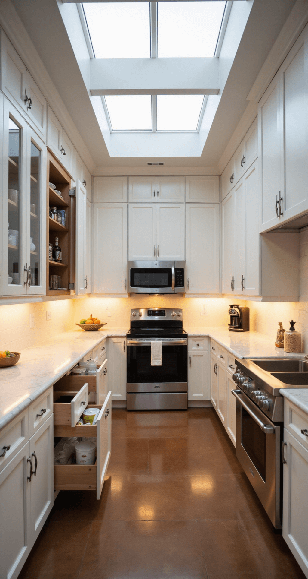 Pulled-back view of a modern kitchen featuring white floor-to-ceiling cabinets with solid and glass doors, professional-grade pull-out storage systems, integrated stainless steel appliances, and marble countertops illuminated by warm golden hour light from skylights.