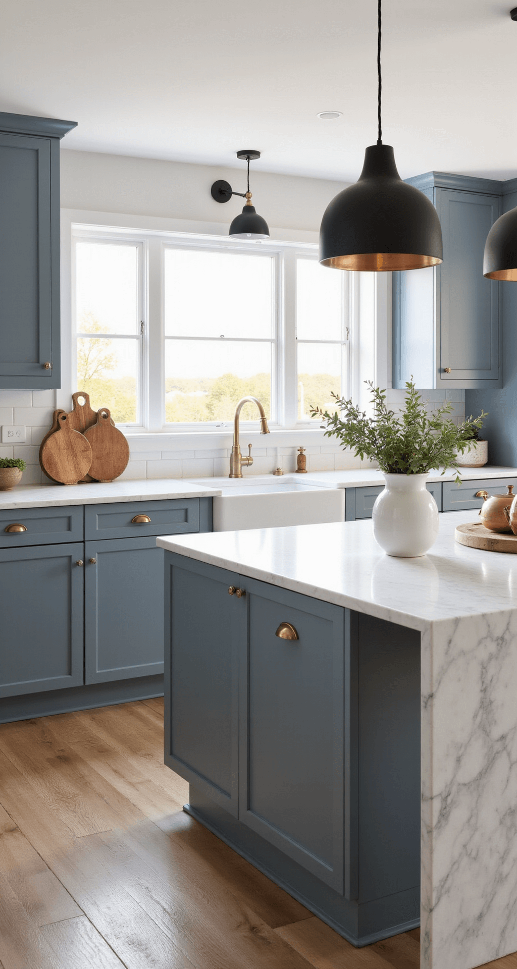 A warm and inviting modern kitchen featuring blue-gray cabinets, a white marble waterfall island, and large windows that fill the space with natural light during golden hour, accented by brass hardware and matte black pendant lights.