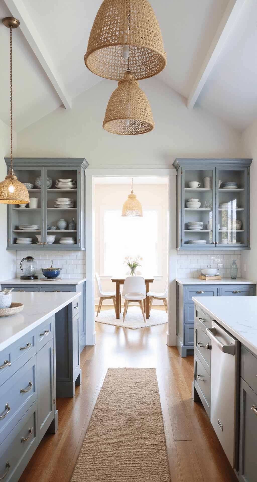Coastal-inspired kitchen featuring 'Gentle Harbor Gray' cabinets, white quartz countertops, and a cathedral ceiling with exposed beams, illuminated by early morning light. The space includes a natural jute runner, woven pendant lights, open shelving with white dinnerware, and a display of blue-green sea glass, creating an airy and serene atmosphere.