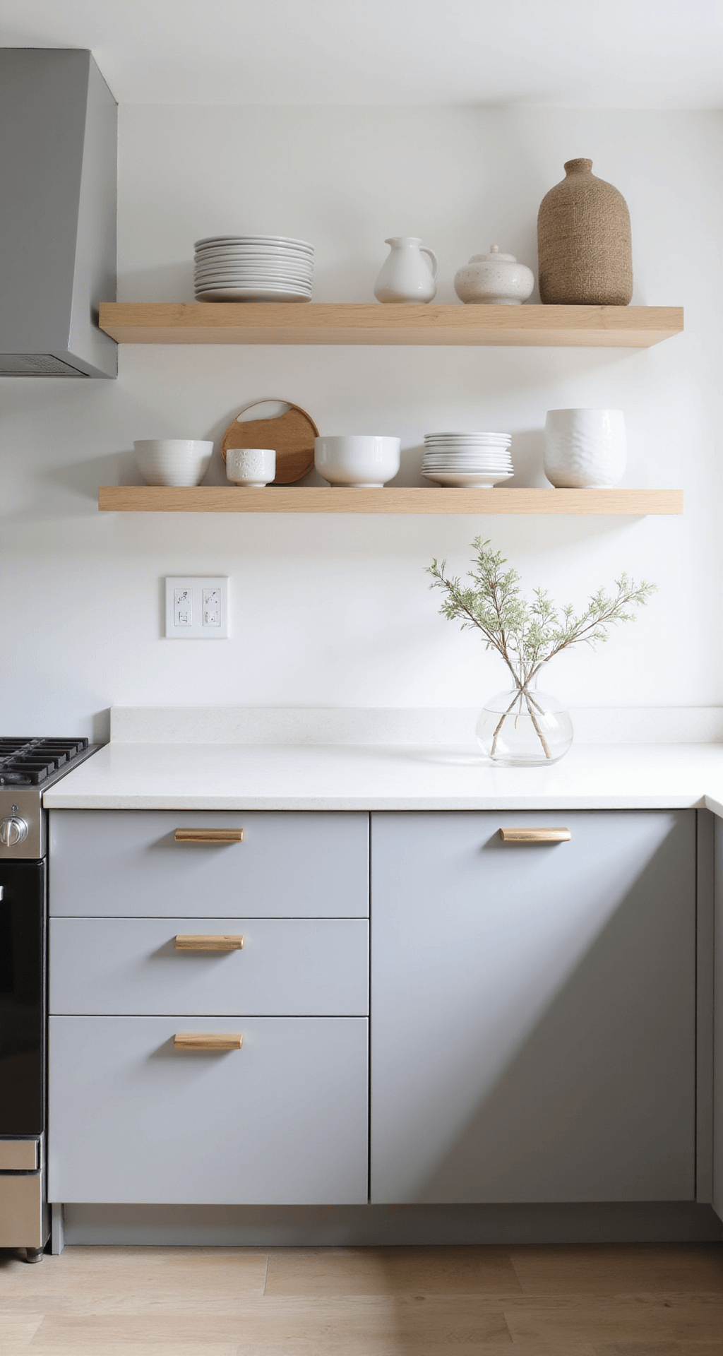 A Scandinavian-minimal kitchen featuring soft slate cabinets with hidden pulls, white stone countertops, and blonde wood floating shelves, all illuminated by morning light. The scene showcases white oak flooring and minimal décor, including white ceramics, pale wood accents, and a single branch in a clear vase, conveying a clean and peaceful atmosphere.