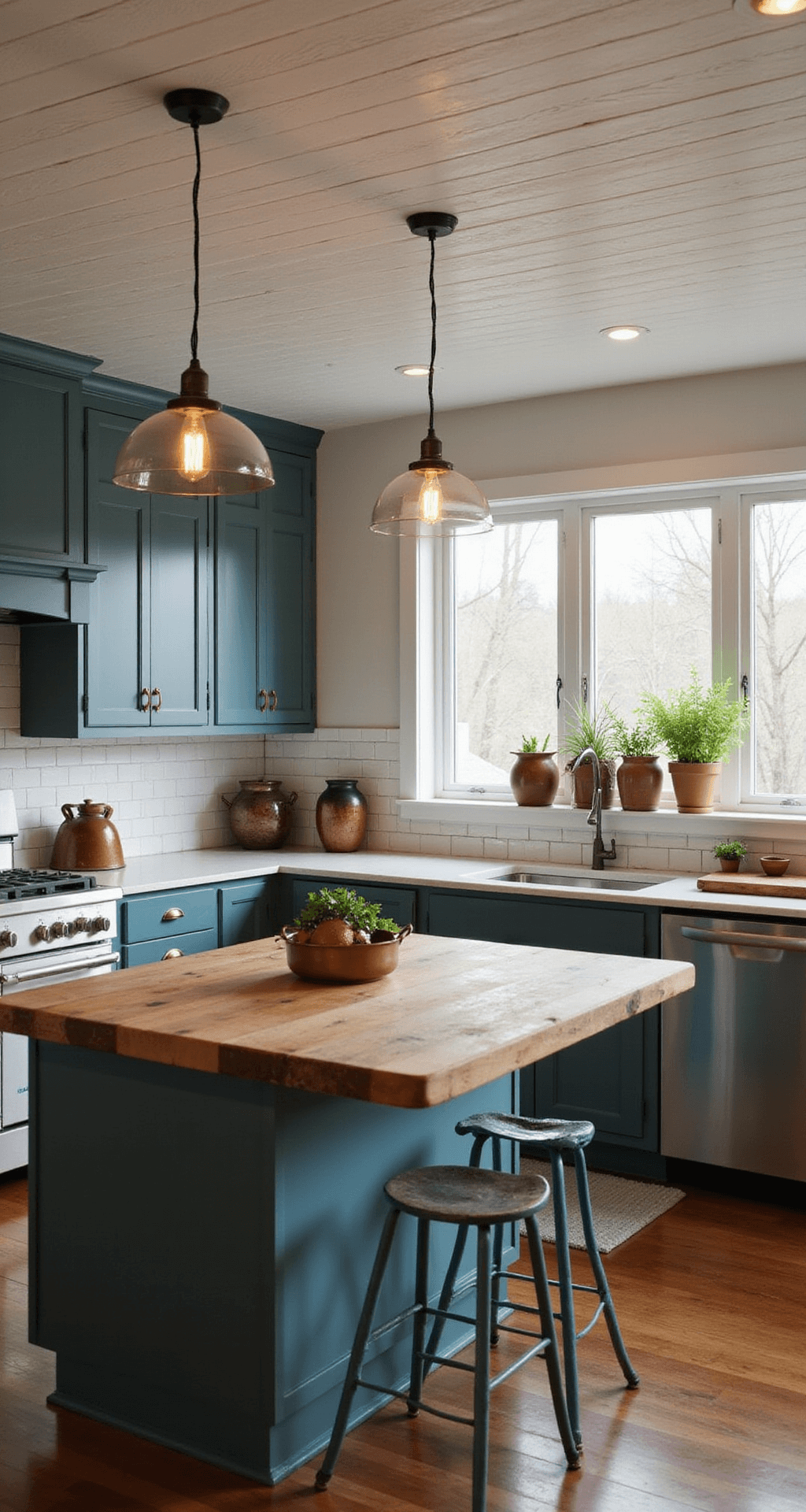 A cozy modern farmhouse kitchen featuring 'Stormy Teal' cabinets, a butcher block island, and shiplap ceiling details, illuminated by vintage-style pendant lights with Edison bulbs. The corner view highlights a range wall focal point adorned with copper pots, earthenware crocks, and fresh herbs on the windowsill, all captured in warm dusk lighting.