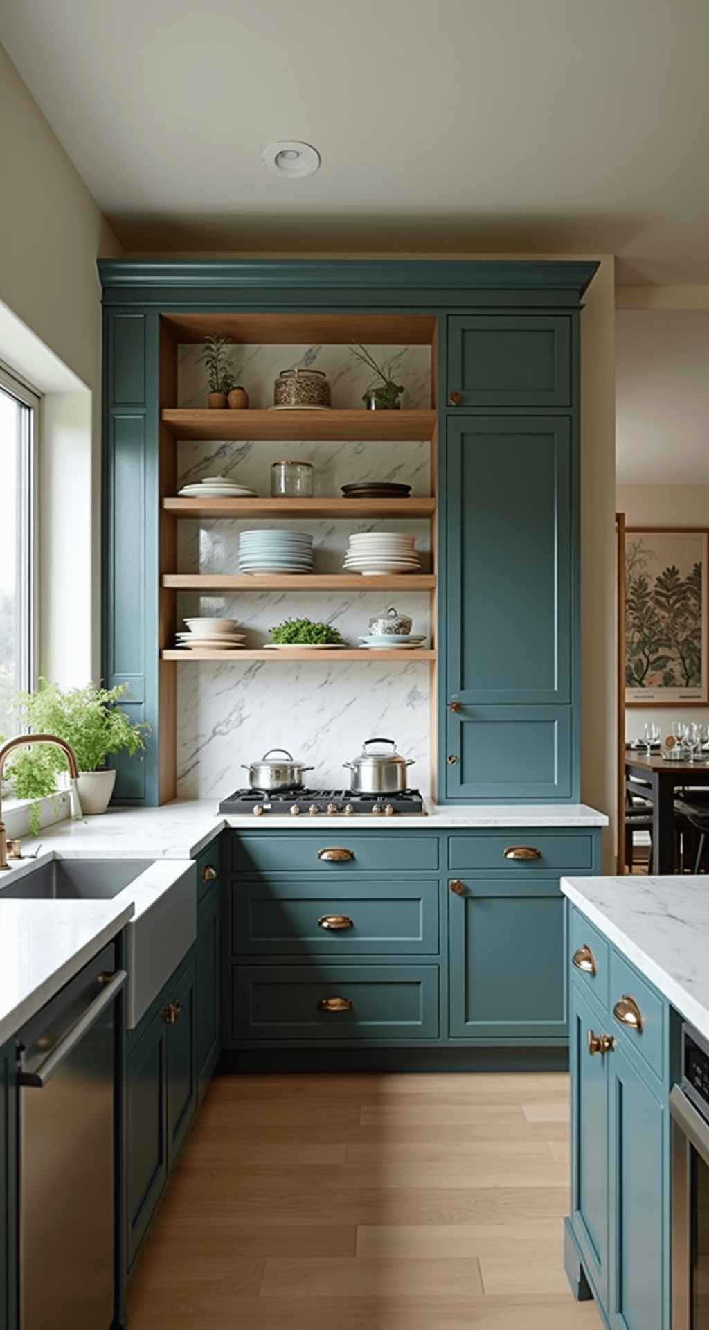 An eclectic transitional kitchen featuring a two-tone design with upper cabinets in Soft Slate and lower cabinets in Stormy Teal. The full-height marble backsplash complements the mixed metals of brushed gold and chrome. The scene is styled with glass canisters, a collection of cookbooks, and potted herbs, all illuminated by artificial evening lighting, viewed from the dining room entrance.