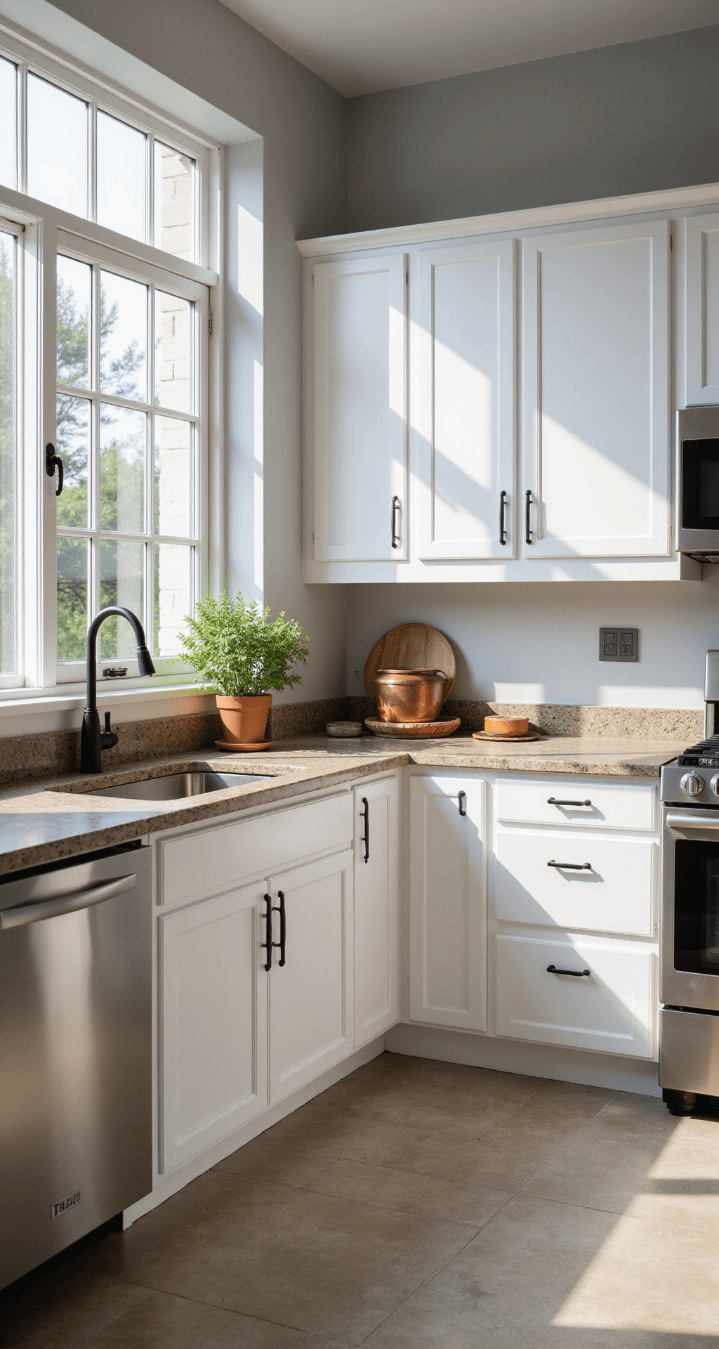 A bright, spacious kitchen with white Shaker-style cabinets and matte black hardware, featuring natural stone countertops and stainless steel appliances, illuminated by morning light.