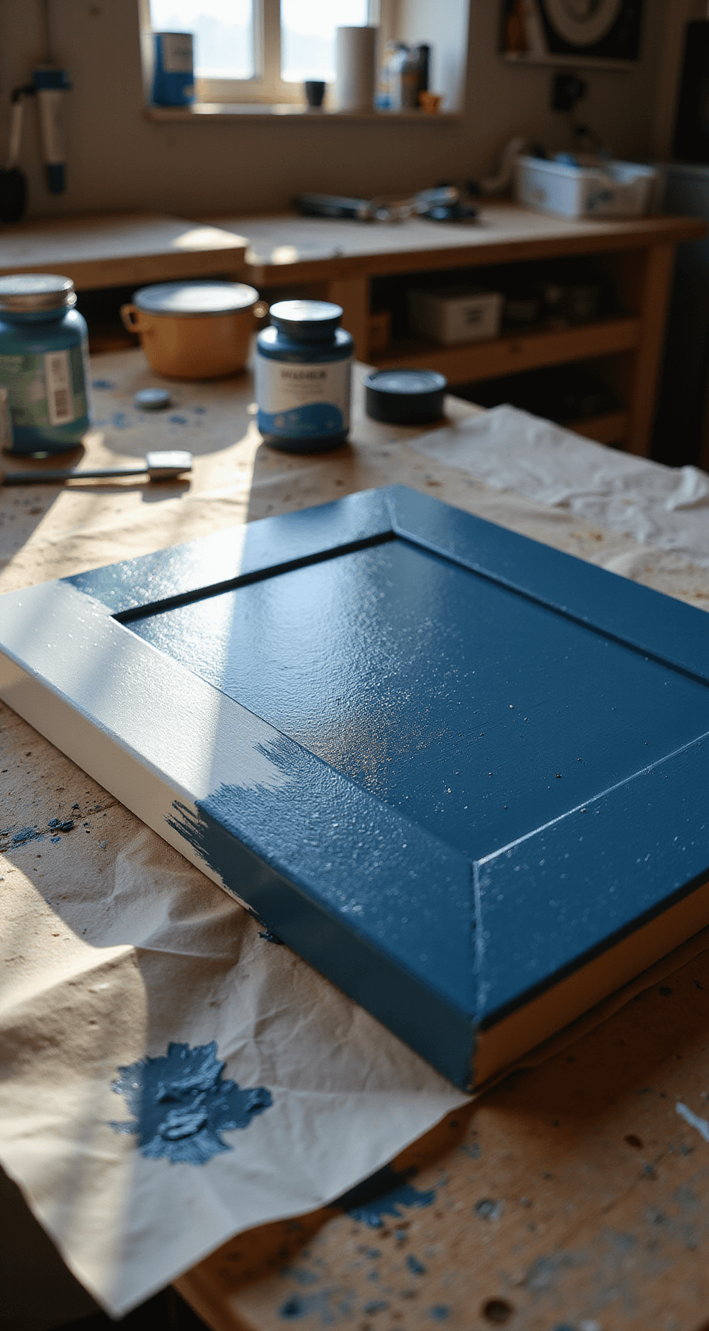 Close-up detail of a partially painted cabinet door on a workbench, showcasing a rich navy paint application with a foam roller in warm afternoon light, surrounded by organized tools and paint supplies.